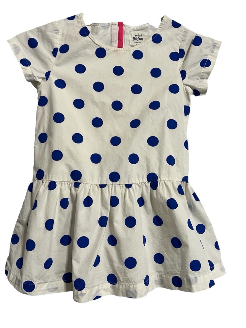 Mini Boden White Dress with Blue Polka Dots Toddler 2-3 Years
